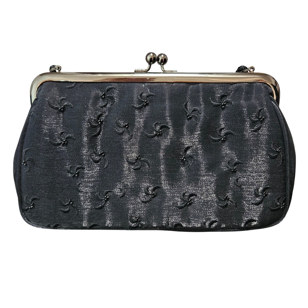 Parisian Signature Black Beaded Embroidered Kiss Lock Evening Shoulder Clutch